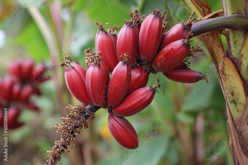 Red banana Musa acuminata with nearly ripe clusters of fruit