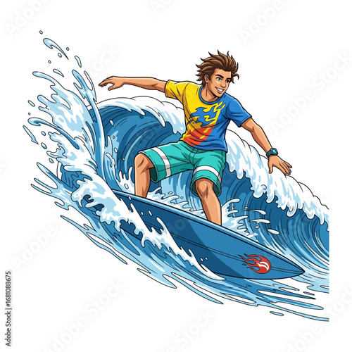 Surfer Mastering the Wave: A young surfer gracefully carves through a towering wave, embodying skill and adrenaline in this dynamic depiction of aquatic adventure.