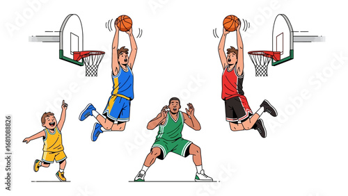 Basketball Action: Dynamic illustration capturing a spirited basketball game, with players mid-air, displaying agility, athleticism, and teamwork. An energetic scene, portraying intense action