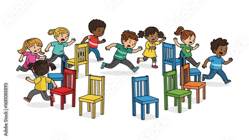 Musical Chairs: A lively illustration depicts children enthusiastically participating in the game of musical chairs, exuding energy and excitement as they compete for a seat.