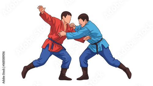 Dynamic Martial Arts:Two athletes, clad in vibrant combat attire, engage in an intense martial arts match, showcasing agility and strategic prowess.