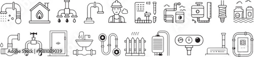 Plumbing, Heating, and Water Systems Line Art Icons

