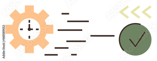 Gear with clock, speed lines, and check mark convey productivity, time optimization, and task completion. Ideal for efficiency, process, management, organization teamwork goal setting simple flat