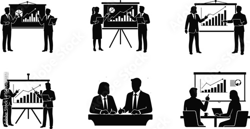 Business professionals analyzing charts and graphs, giving presentations, collaborating in meetings, teamwork, data analysis, business strategy, office discussion