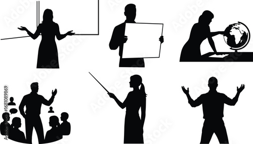 Business people silhouettes, presentation, communication, teaching, global discussion, leadership, teamwork, corporate training, education