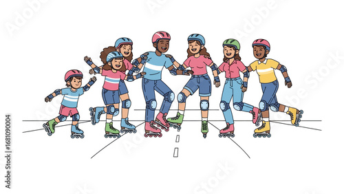 Roller Skating Fun: A joyful group of children, hand in hand, enjoy a day of roller skating. Illustrating the delight of friendship and active fun.