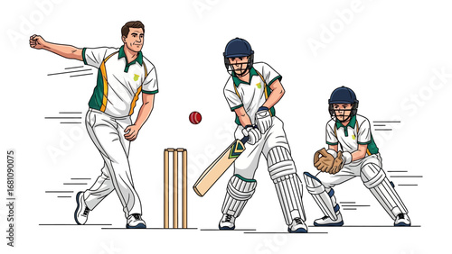 Cricket Action Illustrated: Dynamic illustration capturing the intensity of a cricket match, showcasing bowler, batsman, and wicket-keeper in action.