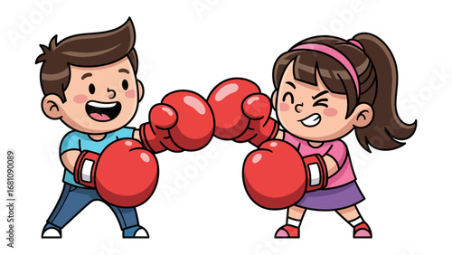 Cartoon Kids Boxing: A cheerful cartoon depicts two young kids playfully sparring with red boxing gloves. Showcasing the vibrant energy and spirit of fun.