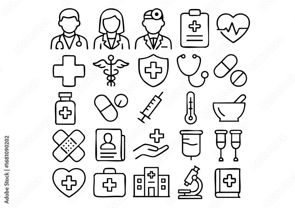 Fototapeta premium Doctor & Medical Job Icon Set, Healthcare Tools and Hospital Vector Collection, Professional Medicine & Treatment Symbols