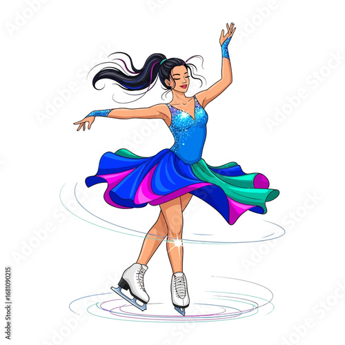 Graceful Ice Skater: A female ice skater glides gracefully across the ice. She's wearing a stunning blue dress, while she moves through the ice creating elegant patterns. and she's embodies artistry.