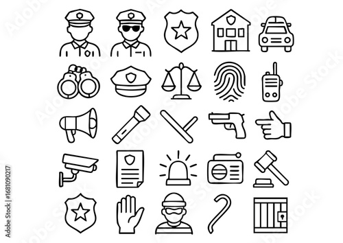 Police & Law Enforcement Icon Set, Security and Justice Vector Collection, Crime Prevention & Public Safety Symbols