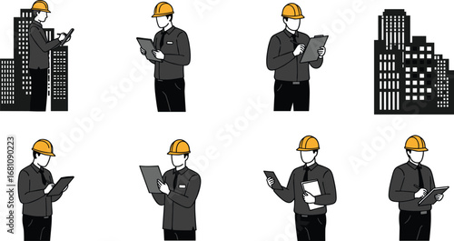 Construction workers wearing safety helmets inspecting documents and tablets at urban building sites with city skyline in background