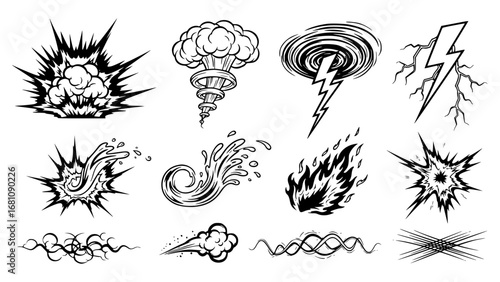Dynamic comic book action effects including explosions, lightning, and fire