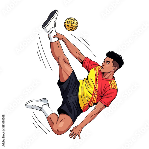 Spectacular Sepak Takraw Action: A dynamic illustration captures the intensity of a sepak takraw player mid-air, executing a skillful kick toward the rattan ball.