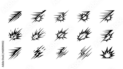 Assortment of black comic book explosion and speed effect icons