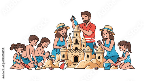 Building Dreams: A happy family on a beach working together to create a magnificent sandcastle, embodying the joy of teamwork and the warmth of shared memories.