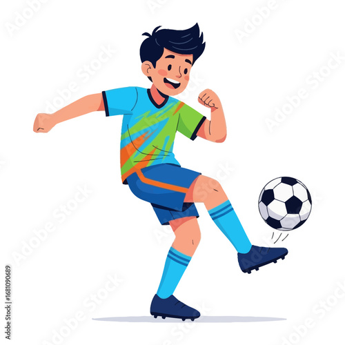 Soccer Action: A vibrant illustration captures a dynamic moment as a young soccer player kicks a ball with skillful precision and enthusiasm.