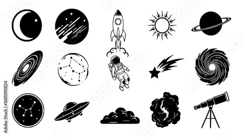 Space exploration icons and celestial bodies