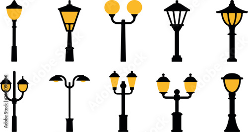 Black and yellow street lamps various designs lampposts lighting