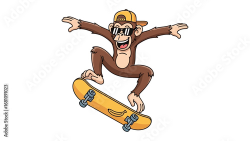 Monkey Skateboarding: A cool monkey joyfully skates in a colorful scene, radiating happiness and embodying youthful exuberance.