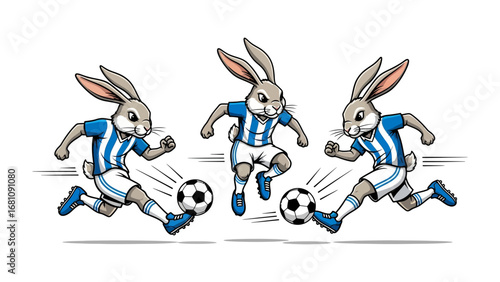 Football Rabbits' Game: This fun and dynamic illustration shows rabbits kicking a soccer ball, showcasing their athletic abilities in a competitive environment.