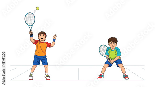 Tennis Match: Two kids playing tennis, one preparing to serve while the other anticipates the return, on a court, illustrating dynamic movement and the joy of sport.