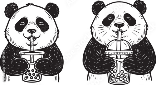 Vector art of two cute cartoon pandas drinking bubble tea with straws, depicted in a black and white handdrawn style