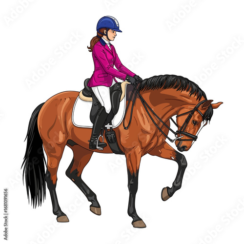 Equestrian Elegance: A poised rider on a magnificent horse, capturing the grace of equestrian sport, set against the backdrop of nature's serene beauty.