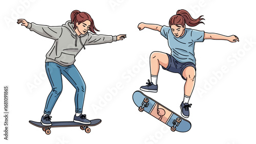 Skateboard Girl's Action: Captures the essence of action with a skilled skateboarder gracefully performing various tricks and stunts in a graphic illustration.