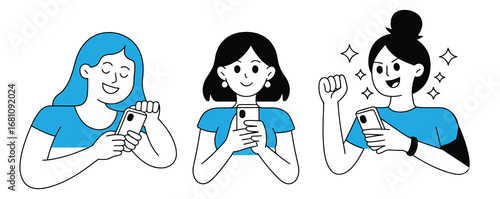 Happy women celebrate success using smartphones, stay connected with friends and family through mobile apps, enjoy social media updates, and share good news with loved ones online anytime