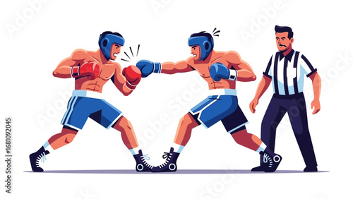 Boxing Match: A dynamic illustration of two boxers engaged in a fierce match, showcasing the intensity of the sport and the skill of the athletes, with referee overseeing the bout.