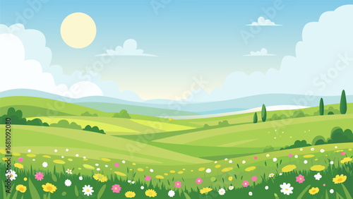 Bild auf Leinwand a serene landscape with rolling hills under a bright sunny sky