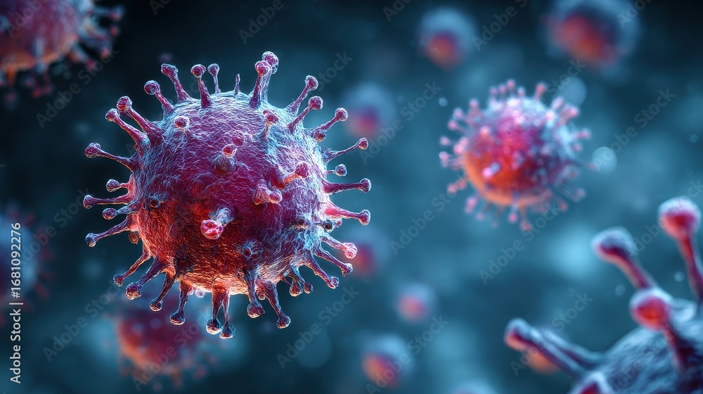 Fototapeta premium Virus attack, microscopic cells with sharp spikes, 3D illustration.