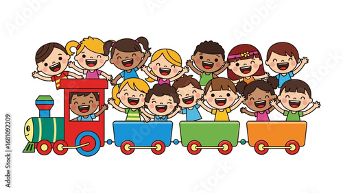 Joyful Ride: An illustrated scene of diverse children happily riding a whimsical train, celebrating friendship and the joy of play.