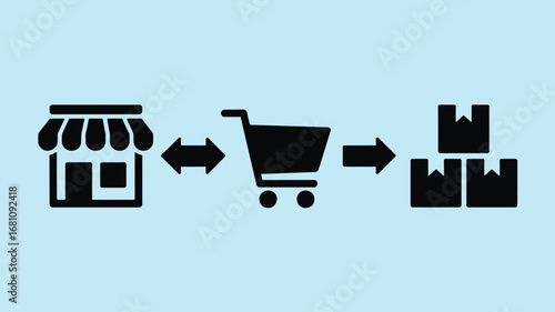 A black and white illustration of a store a shopping cart and packages on a light blue background