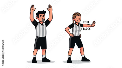 Referee Signals Illustrated: This image depicts two referees, each performing distinct signals to clearly communicate the intricacies of the game.