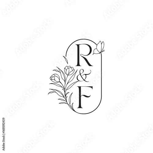 caligraphic style monogram luxury minimalist logo design RF wedding initial concept alphabet letter
