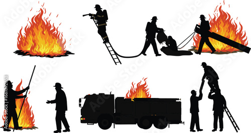 Firefighters battling flames, using hoses and ladders, rescuing people, and operating a fire truck in emergency fire response scenes