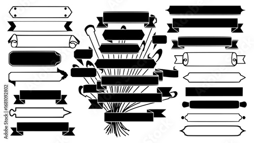 Assortment of black and white banners and ribbons