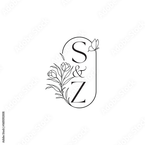 caligraphic style monogram luxury minimalist logo design SZ wedding initial concept alphabet letter