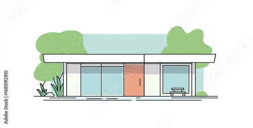 Minimalist Line - Style Modern Building with Green Plants: Element for Residential and Landscape Design