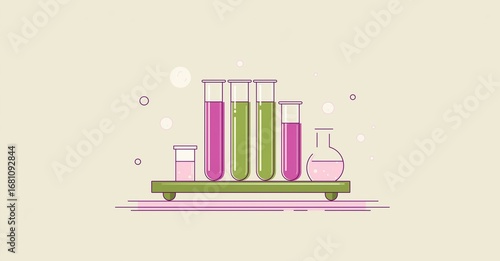 Laboratory Glassware Illustration: Test Tubes And Flask In Chemical Experiment Scene