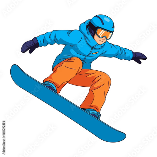 Snowboarder in Action: A dynamic image captures the thrill of snowboarding, with a skilled snowboarder executing a graceful maneuver on the snow. Perfect for illustrating winter sports, adventure.