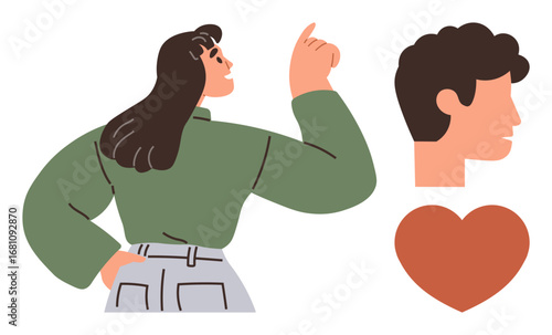 Confident woman raising hand, heart highlighting love and emotion, and male profile symbolizing connection. Ideal for relationships, confidence, self-expression, communication, teamwork, empowerment