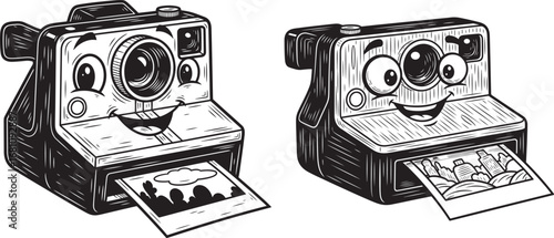 Vector art of two cartoon instant cameras with happy faces