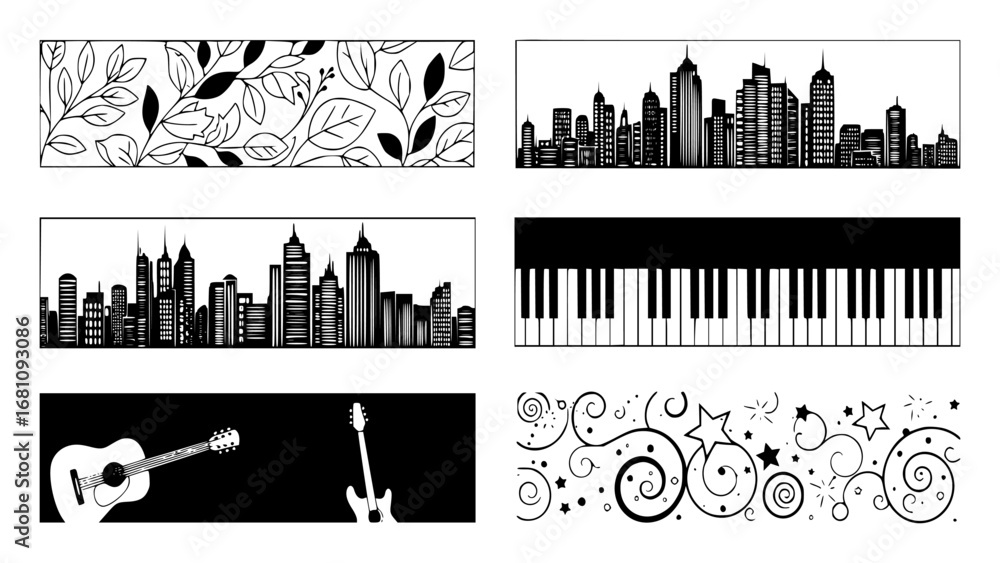 Obraz premium Diverse black and white graphic elements including cityscapes, nature, and musical instruments