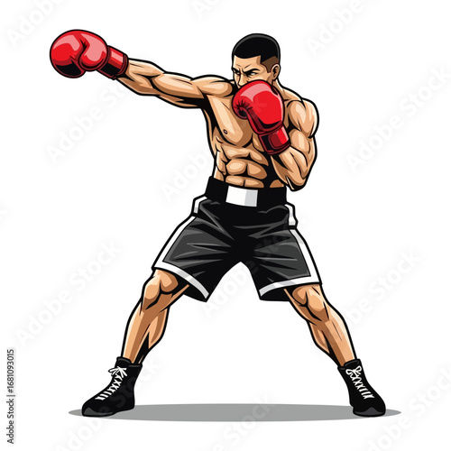 Focused Punch: A powerfully built boxer demonstrates an impactful punch in a dynamic illustration of strength and focus.