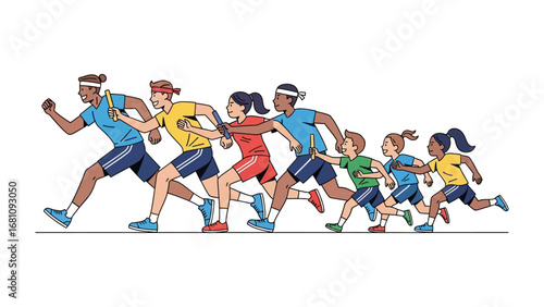 Relay Race: An energetic relay race unfolds, capturing the spirit of competition and teamwork as participants hand off the baton in a vibrant display of speed and coordination.