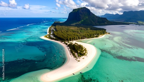 Fototapeta Naklejka Na Ścianę i Meble -  Aerial view of a tropical island paradise with a secluded white sand beach, turquoise waters, and a volcanic mountain
