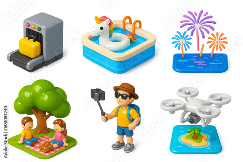 3D travel and adventure icons set with drone and tourist photographer PNG